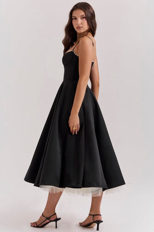 Black corset-style sleeveless midi dress with sweetheart neckline and fitted bodice