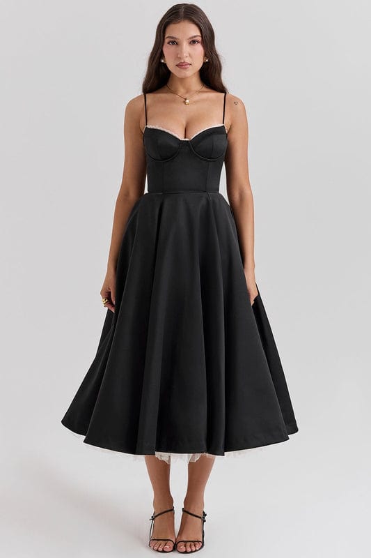 Black corset-style sleeveless midi dress with sweetheart bodice and full gathered skirt