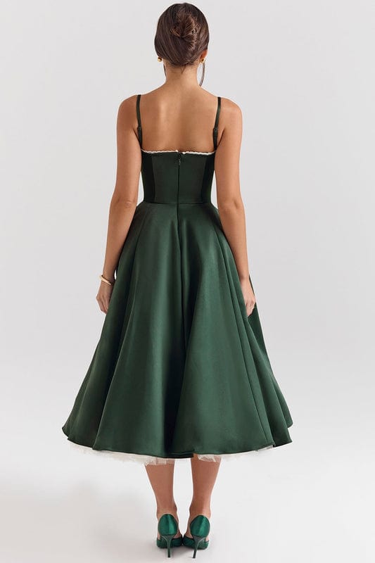 Green corset-style sleeveless midi dress with sweetheart neckline and flared skirt.