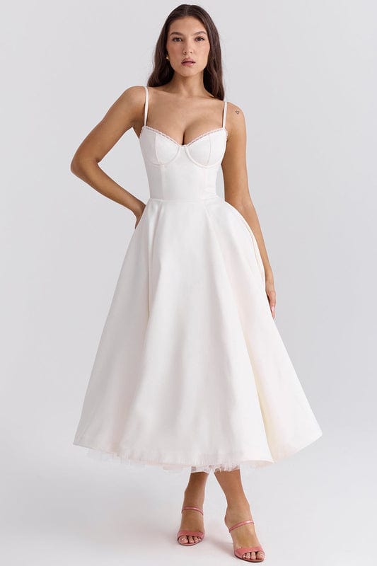 White corset-style sleeveless midi dress with sweetheart neckline and flared skirt