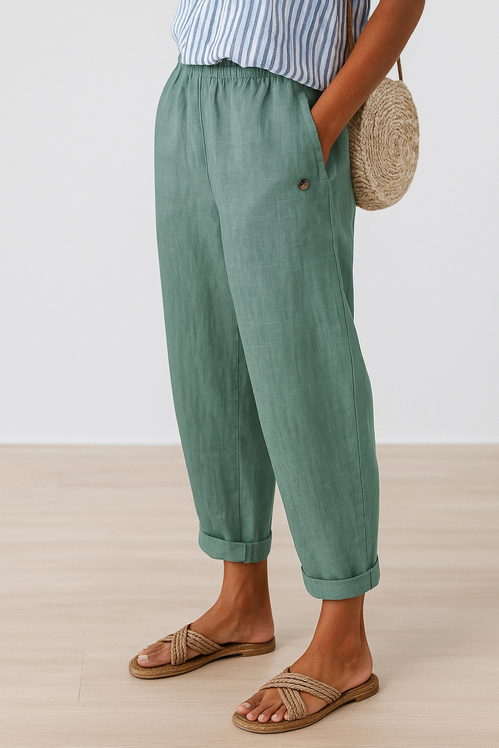 Light green women's pants with elastic waist, side seam pockets, button detail, ankle cuffs