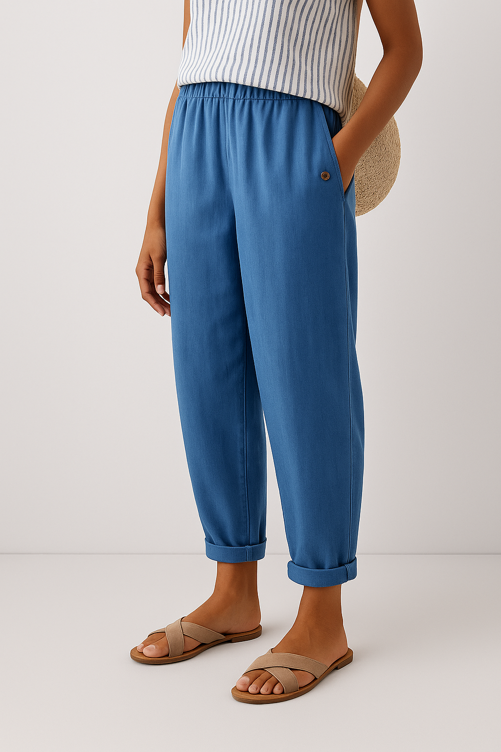 Blue women's pants with elastic waistband and side seam pockets, ankle cuffs