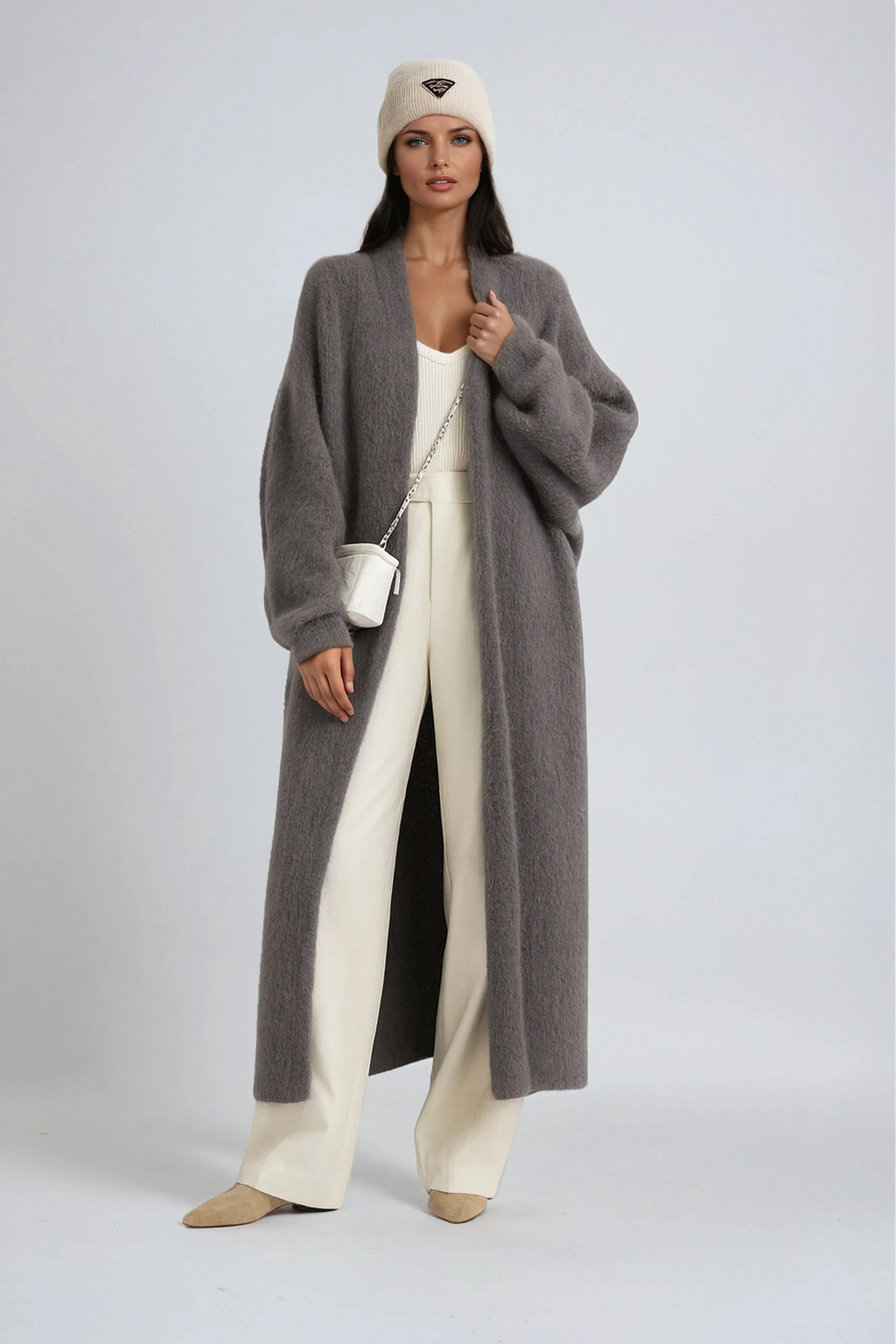 Long open-front cardigan coat in charcoal gray fuzzy knit with ribbed hem
