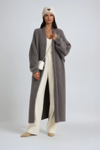 Long open-front cardigan coat in charcoal gray fuzzy knit with ribbed hem