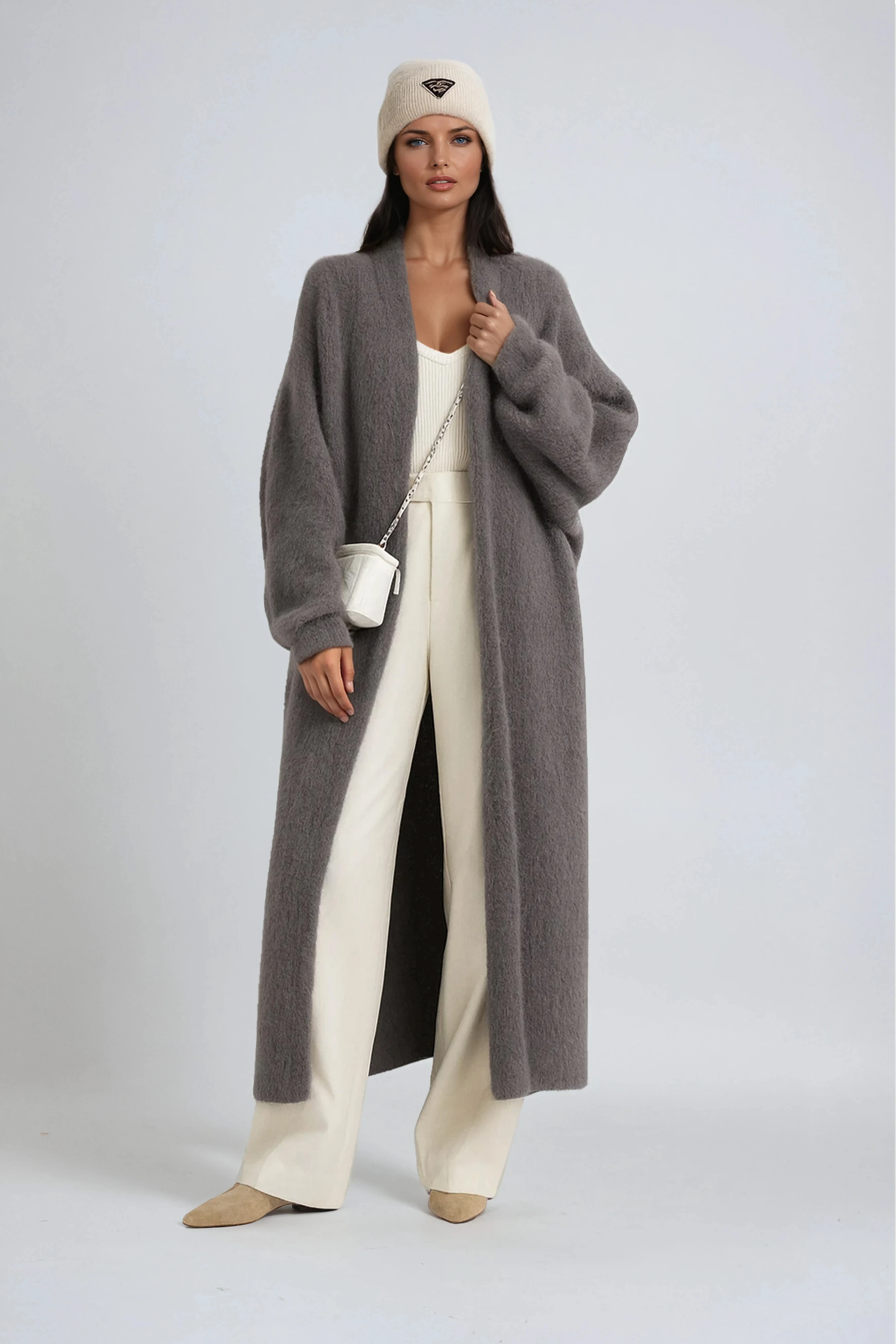Long open-front cardigan coat in charcoal gray fuzzy knit with ribbed hem