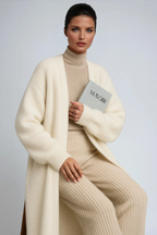 Long open-front cardigan coat in cream with ribbed turtleneck-style knit