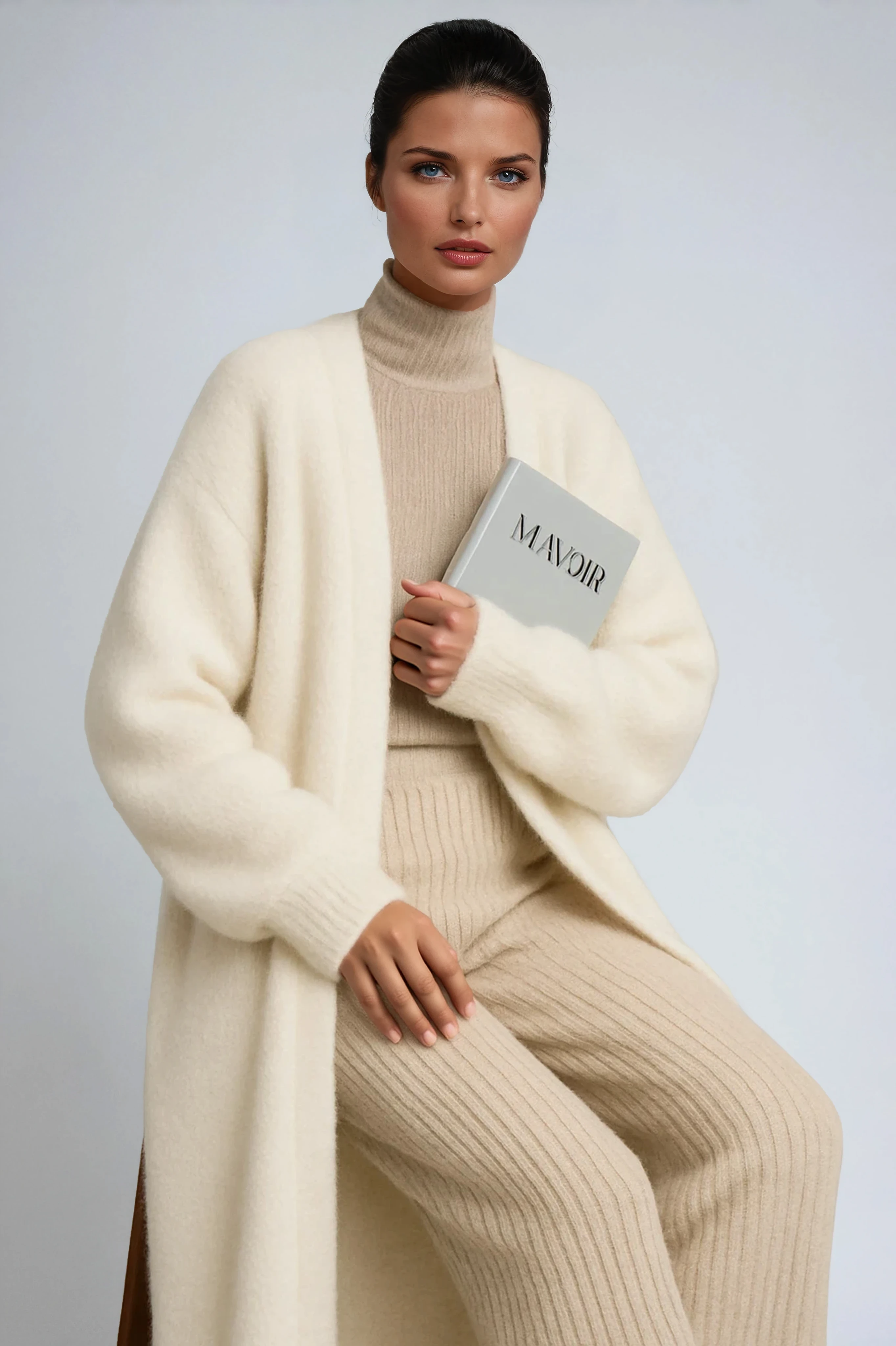 Long open-front cardigan coat in cream with ribbed turtleneck-style knit