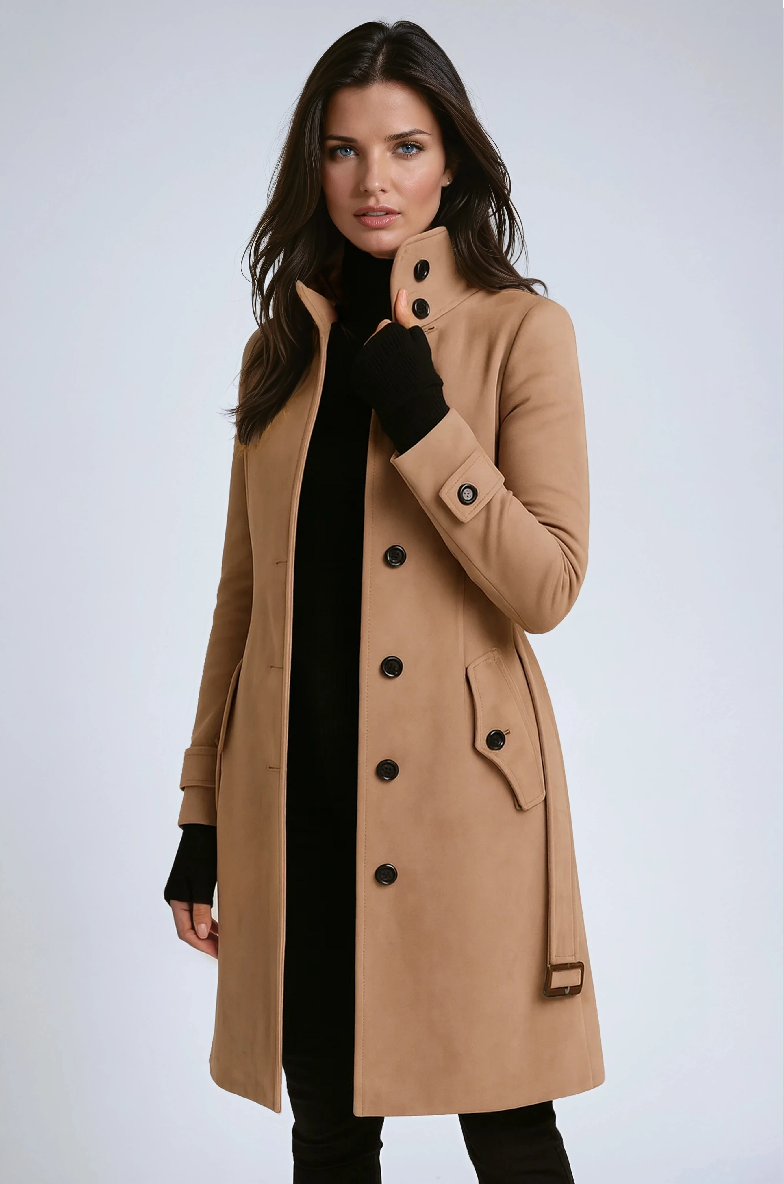 Classic winter trench coat in khaki, double-breasted with buttoned cuffs and side pockets