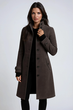 Winter trench coat in dark gray with double-breasted front, notched lapel, side pockets