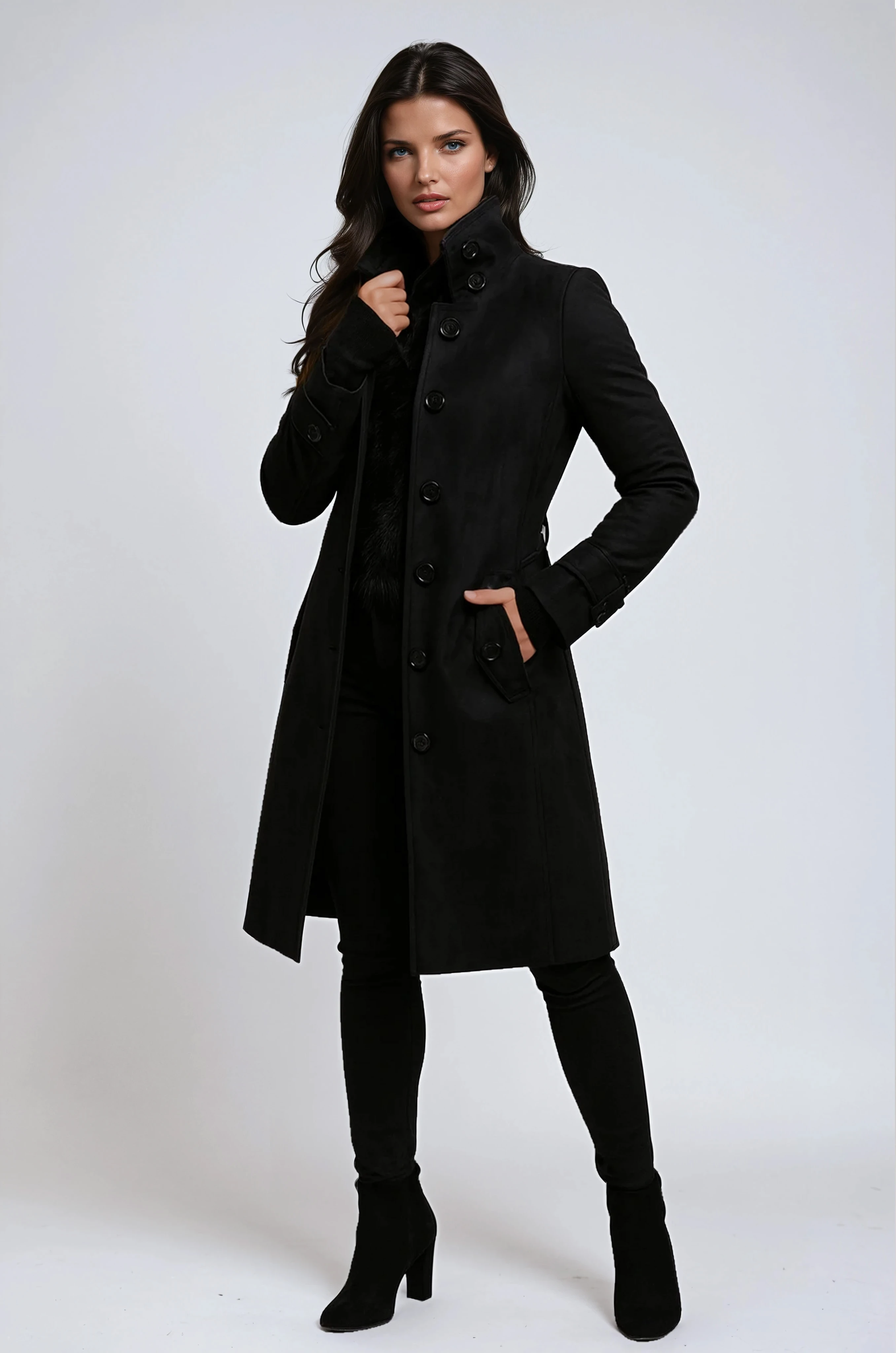 Black winter trench coat with double-breasted buttons, notched lapel, buttoned cuffs, side pockets