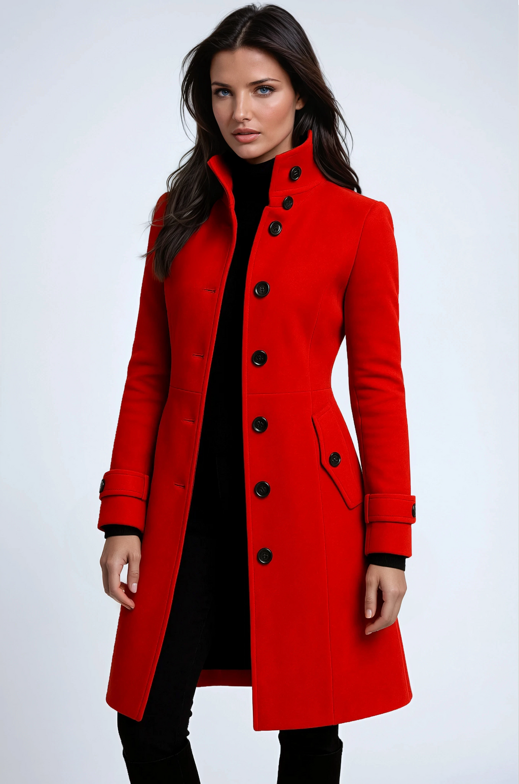 Red winter trench coat with double-breasted button front, notched lapel, side pockets