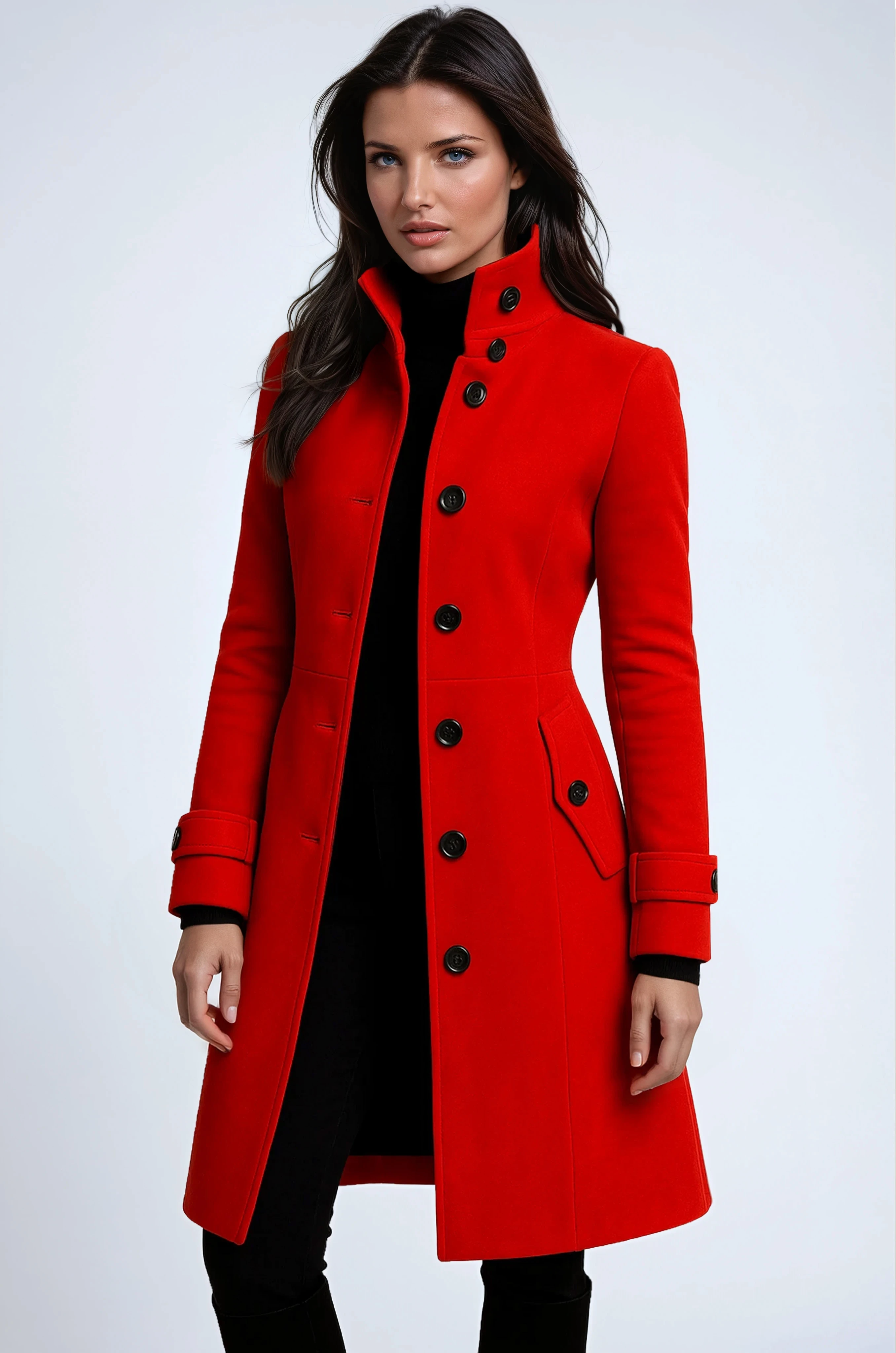 Red winter trench coat with double-breasted button front, notched lapel, side pockets