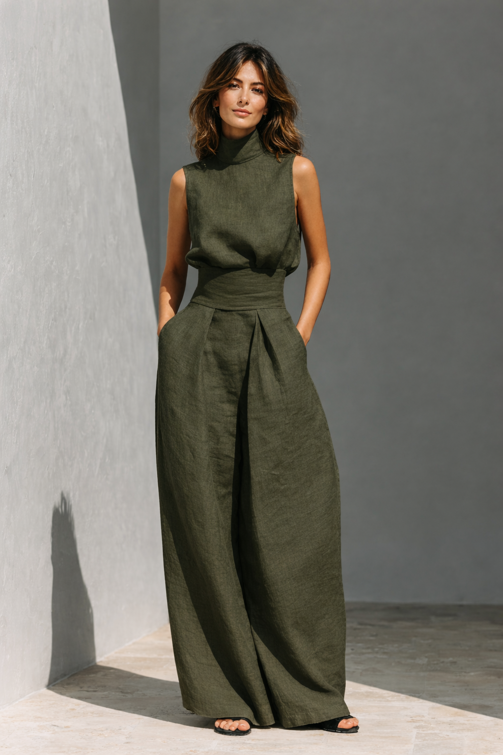 Olive green sleeveless top and wide-leg trousers set, front waist pleat