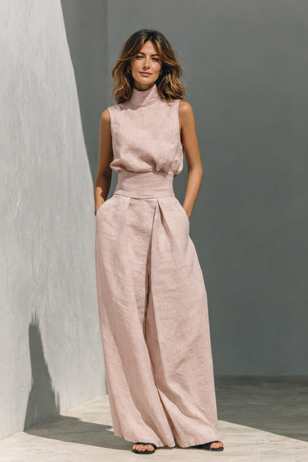 Light pink sleeveless top and wide-leg trousers set, tied waist and wide legs