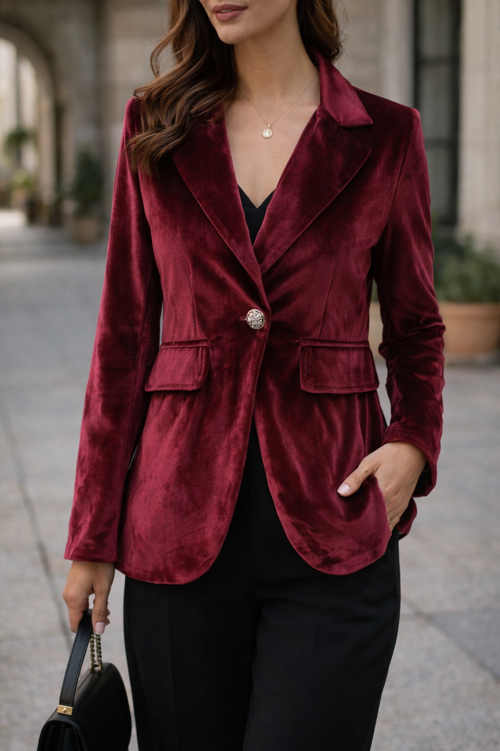Women’s Single-Button Velvet Blazer - Tailored Fitted Suit Jacket