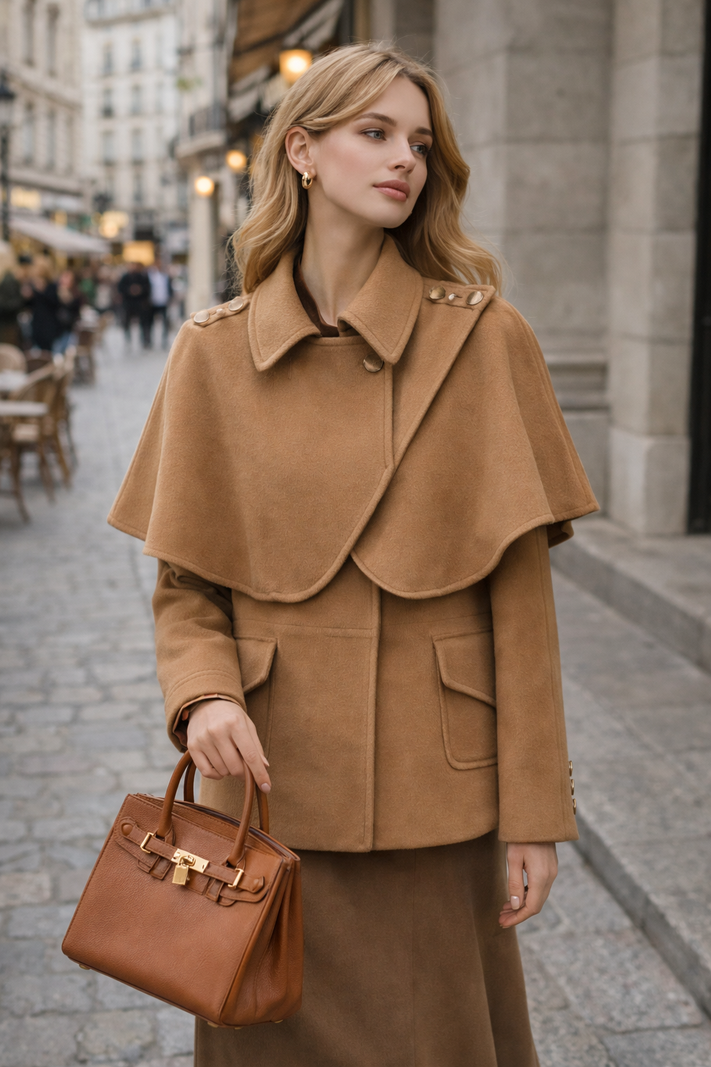 Women’s camel fitted-waist coat with cape collar and buttoned front, long sleeves