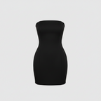 Black strapless A-line mini dress with structured bodice and fitted waist