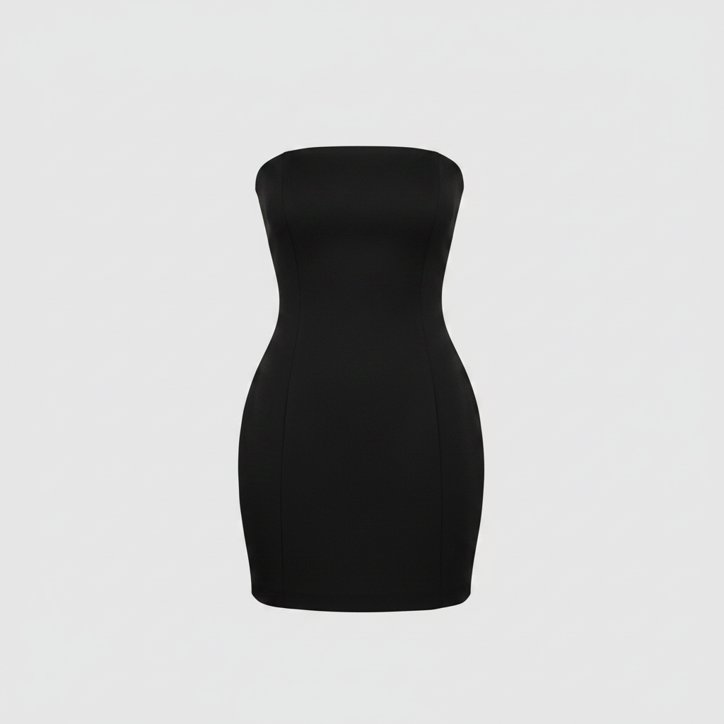 Black strapless A-line mini dress with structured bodice and fitted waist