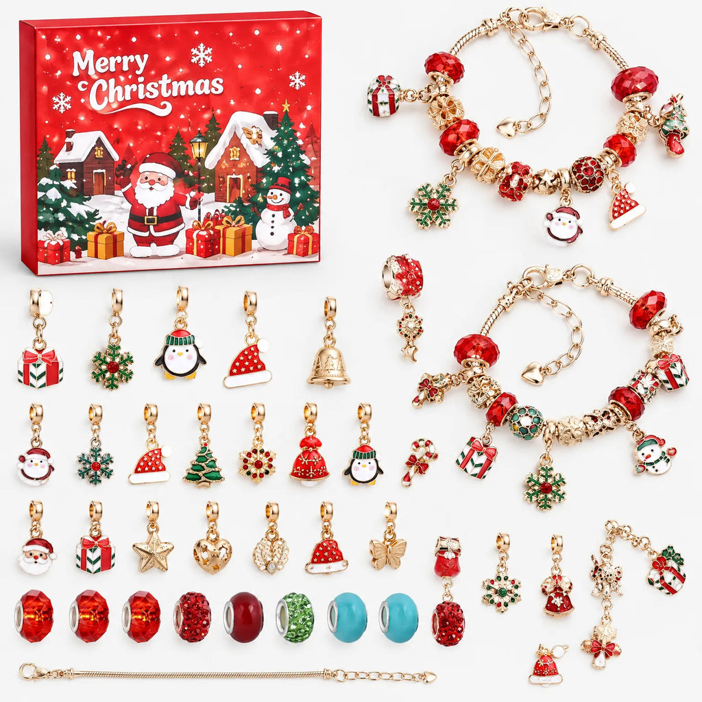 Merry Christmas charm bracelet advent calendar with red box and gold tone charm bracelets