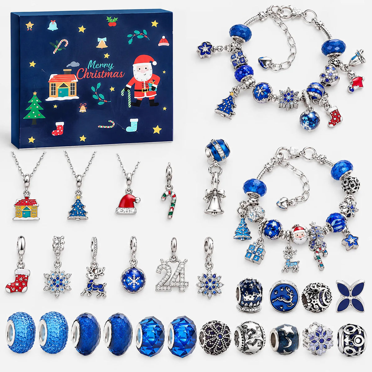 Christmas charm bracelet advent calendar with blue box and silver blue bead charms and bracelets