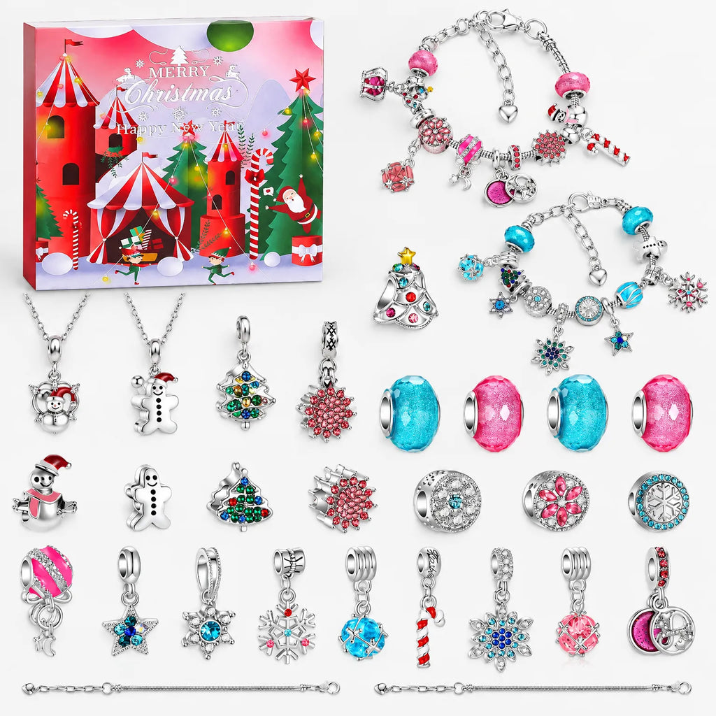 Silver charm bracelet set with two bracelets and assorted festive bead charms