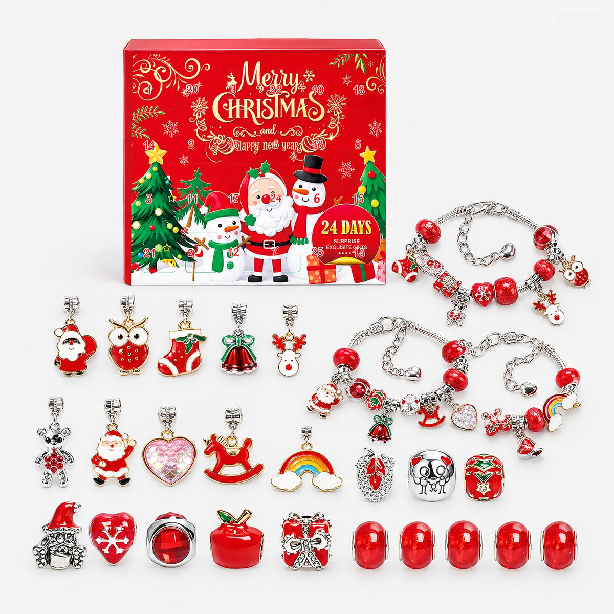Christmas charm bracelet advent calendar with red box and multiple red bead charms and bracelets