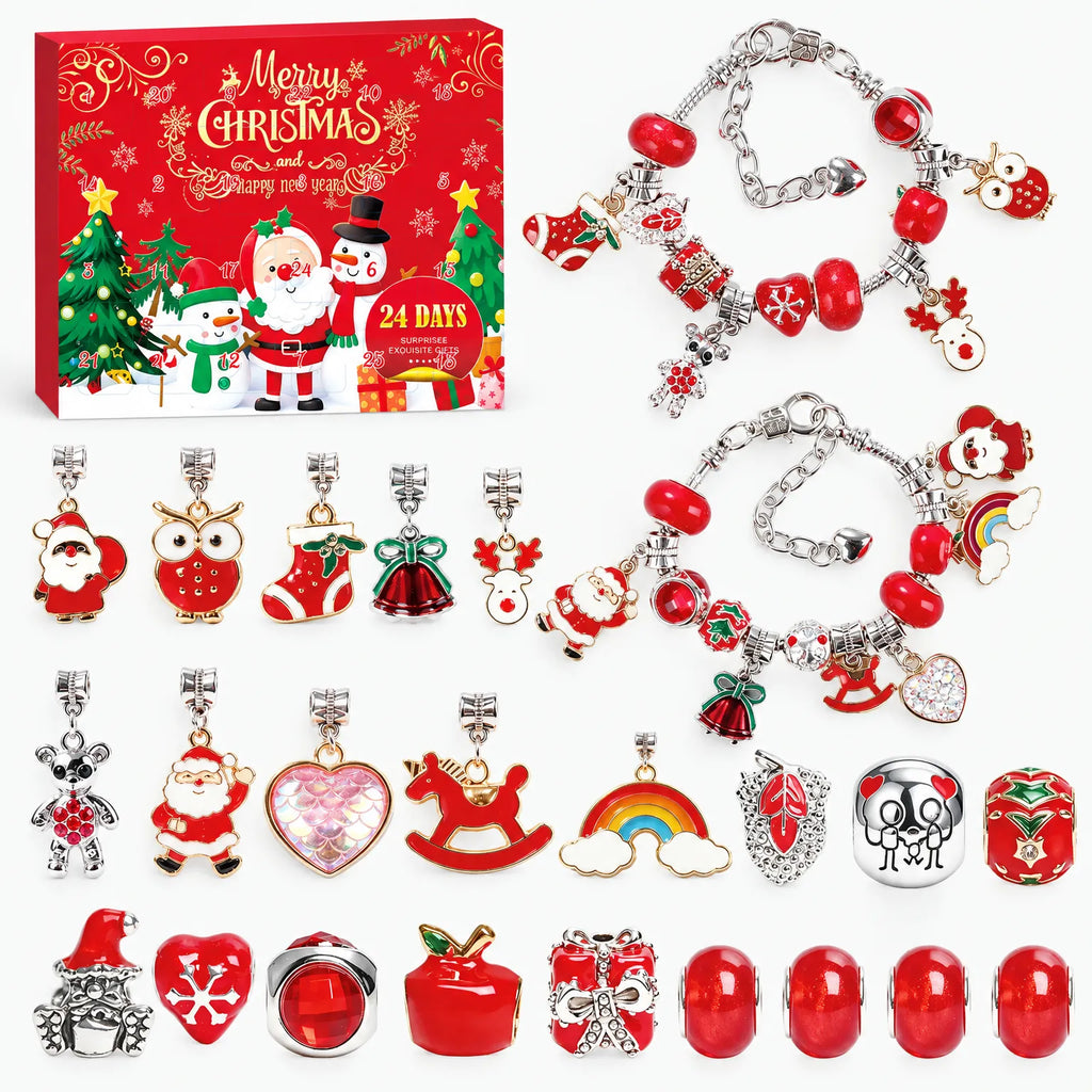 Christmas charm bracelet advent calendar set with red box and assorted red-and-silver charms