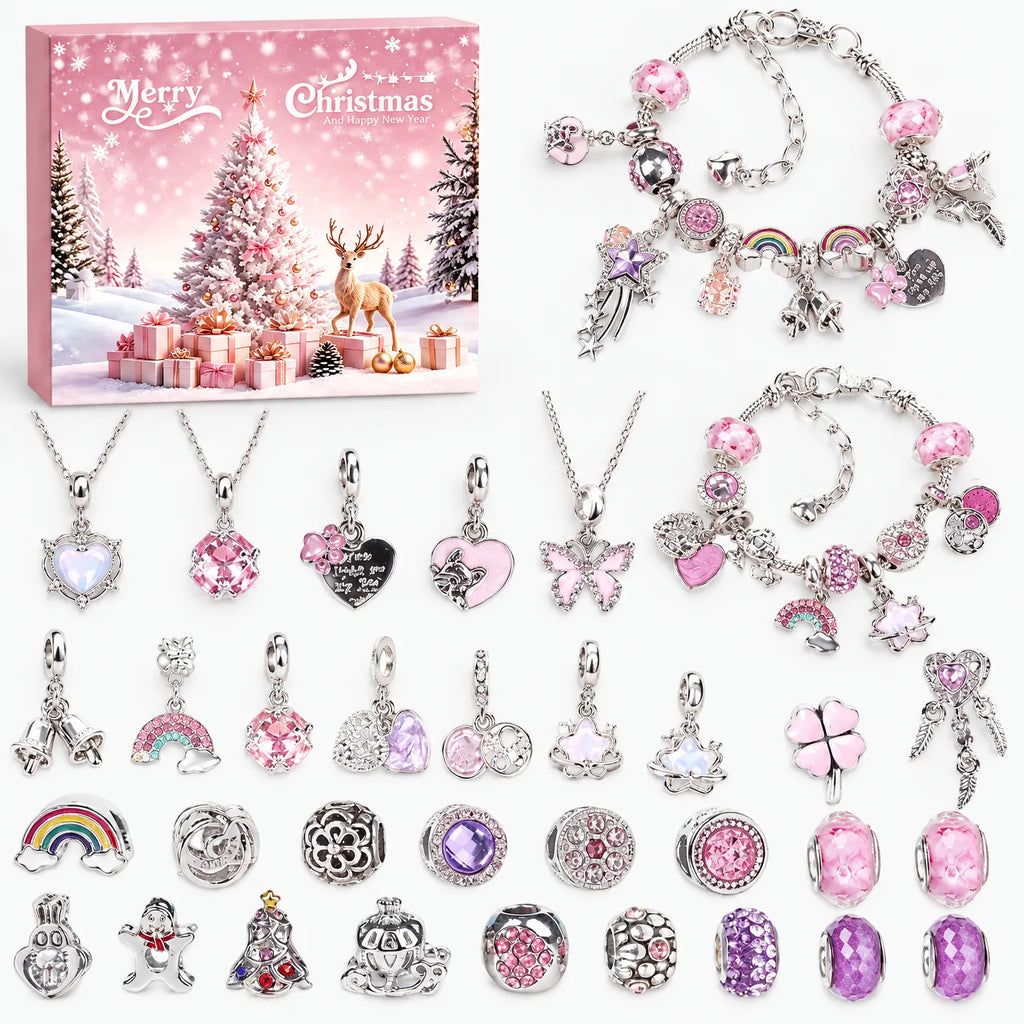 Christmas charm bracelet advent calendar with pink box and silver heart, star, and bow charms