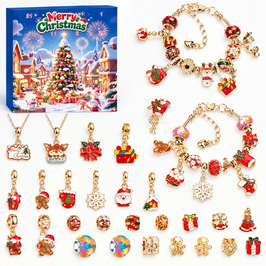 Merry Christmas charm bracelet advent calendar with blue box and gold tone charm bracelets