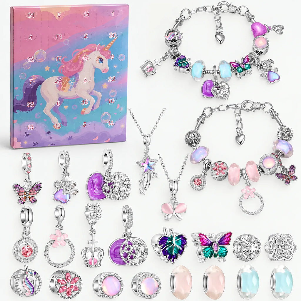 Unicorn charm bracelet advent calendar with purple box and silver charm necklaces and bracelets