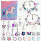 Unicorn charm bracelet advent calendar with purple box and silver charm necklaces and bracelets
