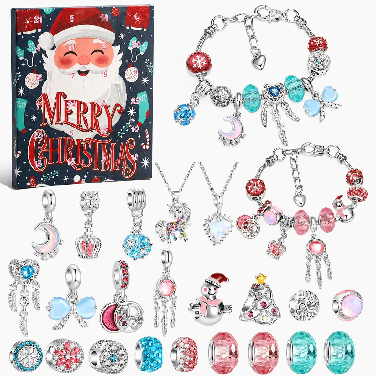 Christmas charm bracelet advent calendar with Merry Christmas box and silver blue charm bracelets