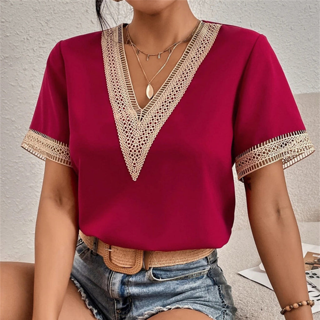Women's relaxed-fit short-sleeve T-shirt blouse, burgundy with lace V-neck and cuff trim