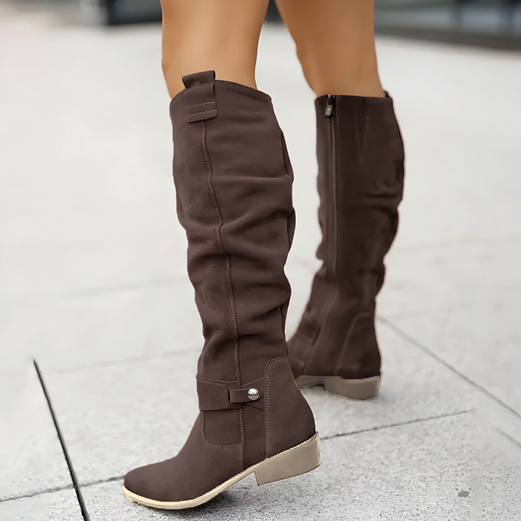 Slouchy knee-high riding boots in dark brown, low block heel, pull-on tabs