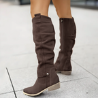 Slouchy knee-high riding boots in dark brown, low block heel, pull-on tabs