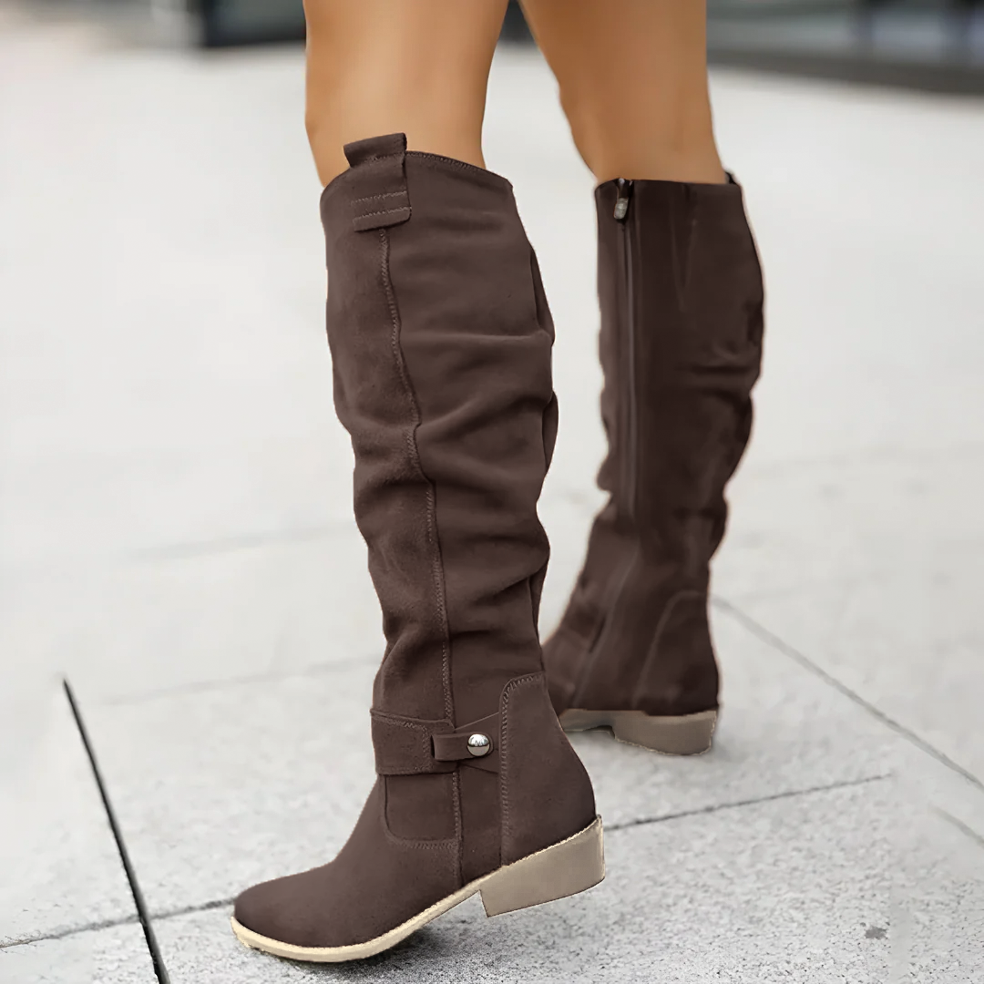 Slouchy knee-high riding boots in dark brown, low block heel, pull-on tabs