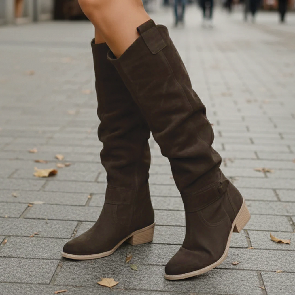 Slouchy knee-high riding boots in dark brown, low block heel, slouchy shaft