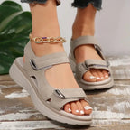 Women’s beige sandals with two adjustable straps, open toe, and chunky sole