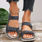 Women’s dark blue sandals with open toe, adjustable Velcro straps, and cushioned sole