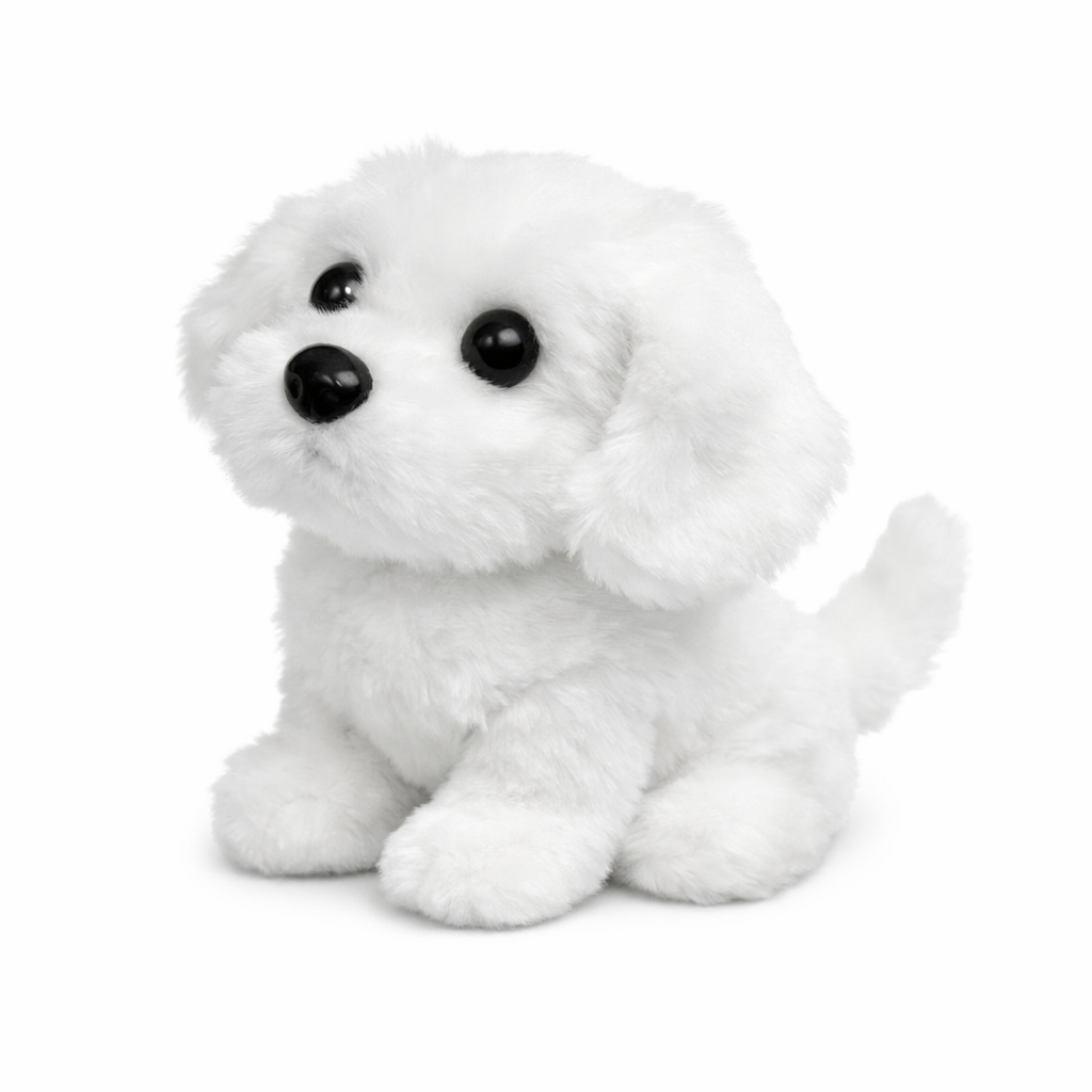 White plush robot puppy toy with black eyes and nose, sitting.