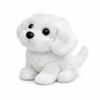White plush robot puppy toy with black eyes and nose, sitting.