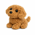 Brown plush robot puppy toy with curly fur, black eyes and nose, sitting.