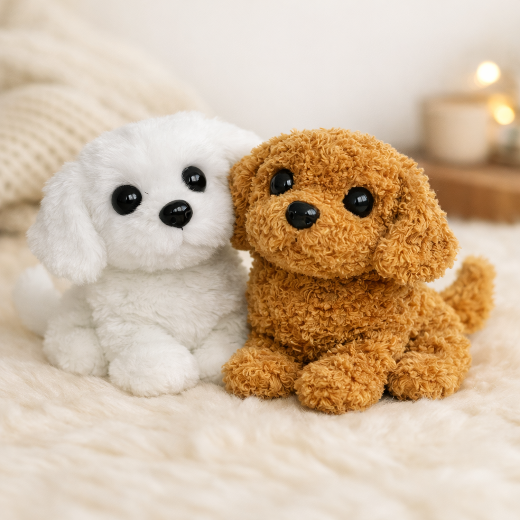 Plush robot puppy toys, one white and one brown, sitting together on soft surface.