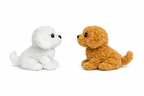 Plush robot puppy toy, white and brown seated side by side.