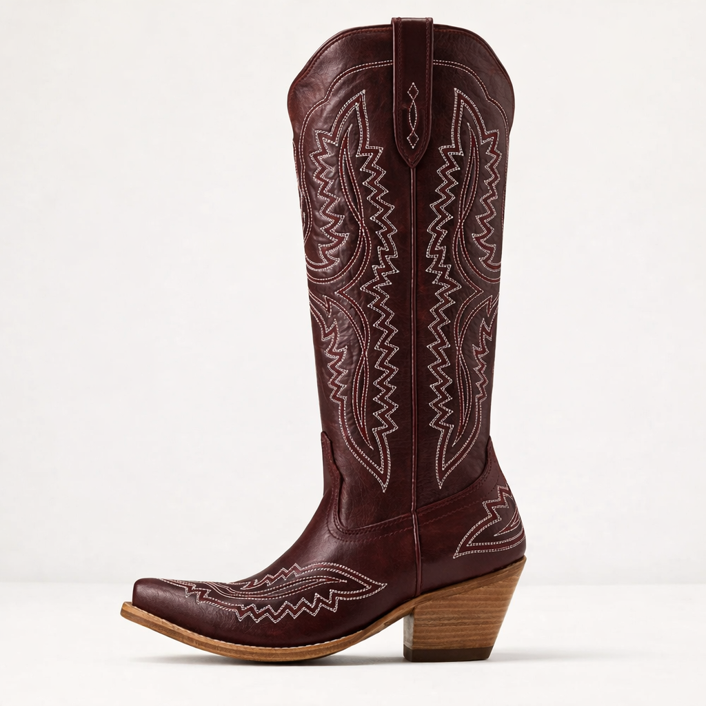 Embroidered western cowboy boots, dark burgundy with stitched zigzag patterns and block heel