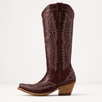 Embroidered western cowboy boots, dark burgundy with stitched zigzag patterns and block heel