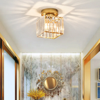 Gold crystal flush mount ceiling lamp with clear crystal shade and round canopy