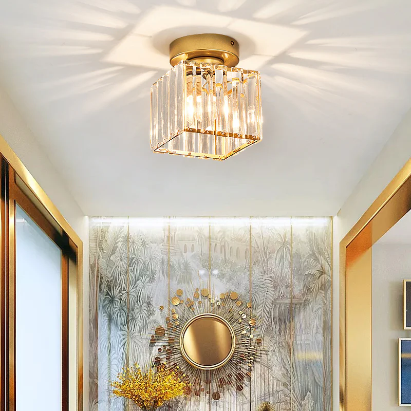 Gold crystal flush mount ceiling lamp with clear crystal shade and round canopy
