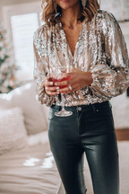 Silver sequin V-neck long-sleeve blouse with textured vertical shimmer
