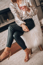 Silver sequin V-neck long-sleeve blouse with layered fringe sleeves